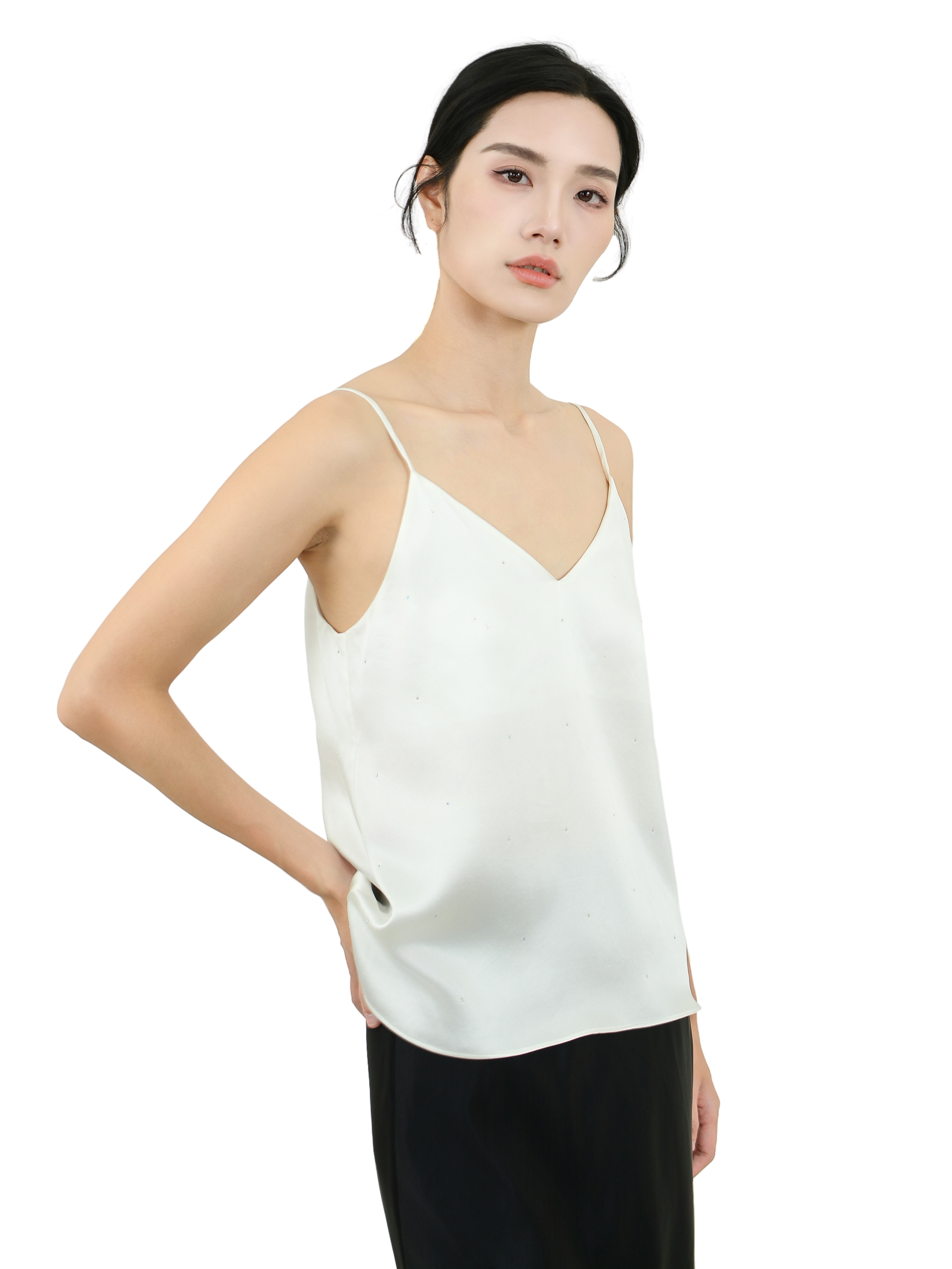 22mm 100% Mulberry Silk Tank Top with Rhinestone White - Image 2
