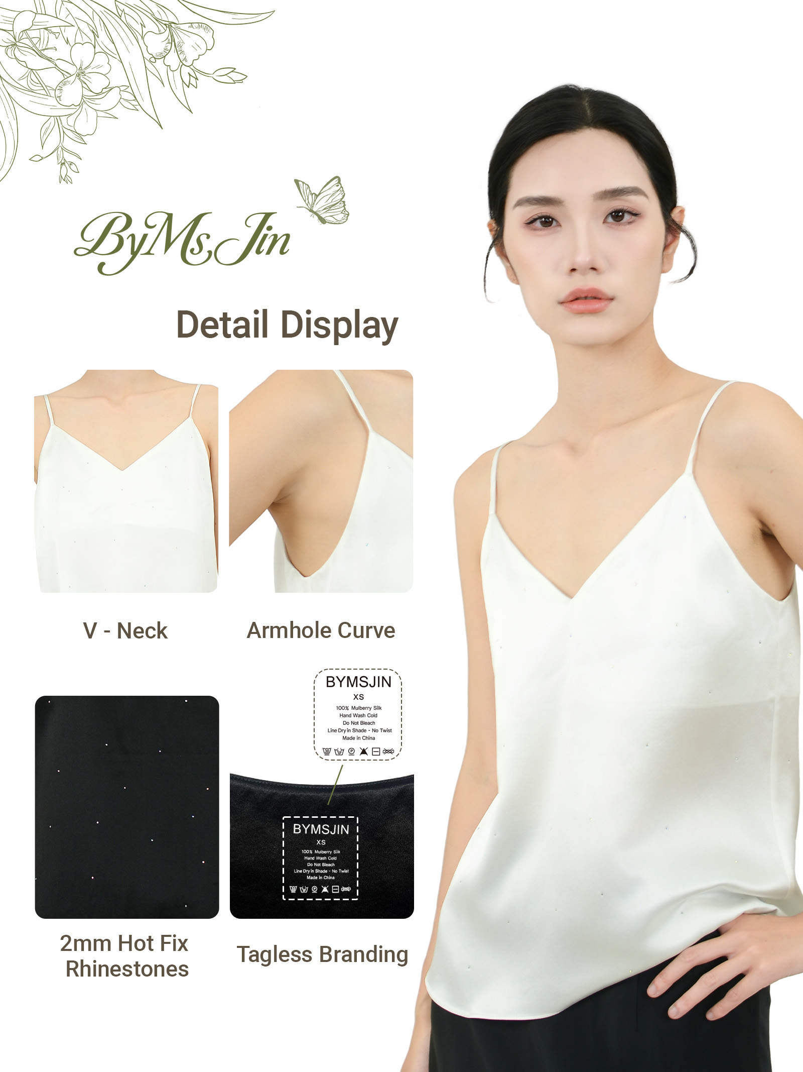 22mm 100% Mulberry Silk Tank Top with Rhinestone White - Image 7