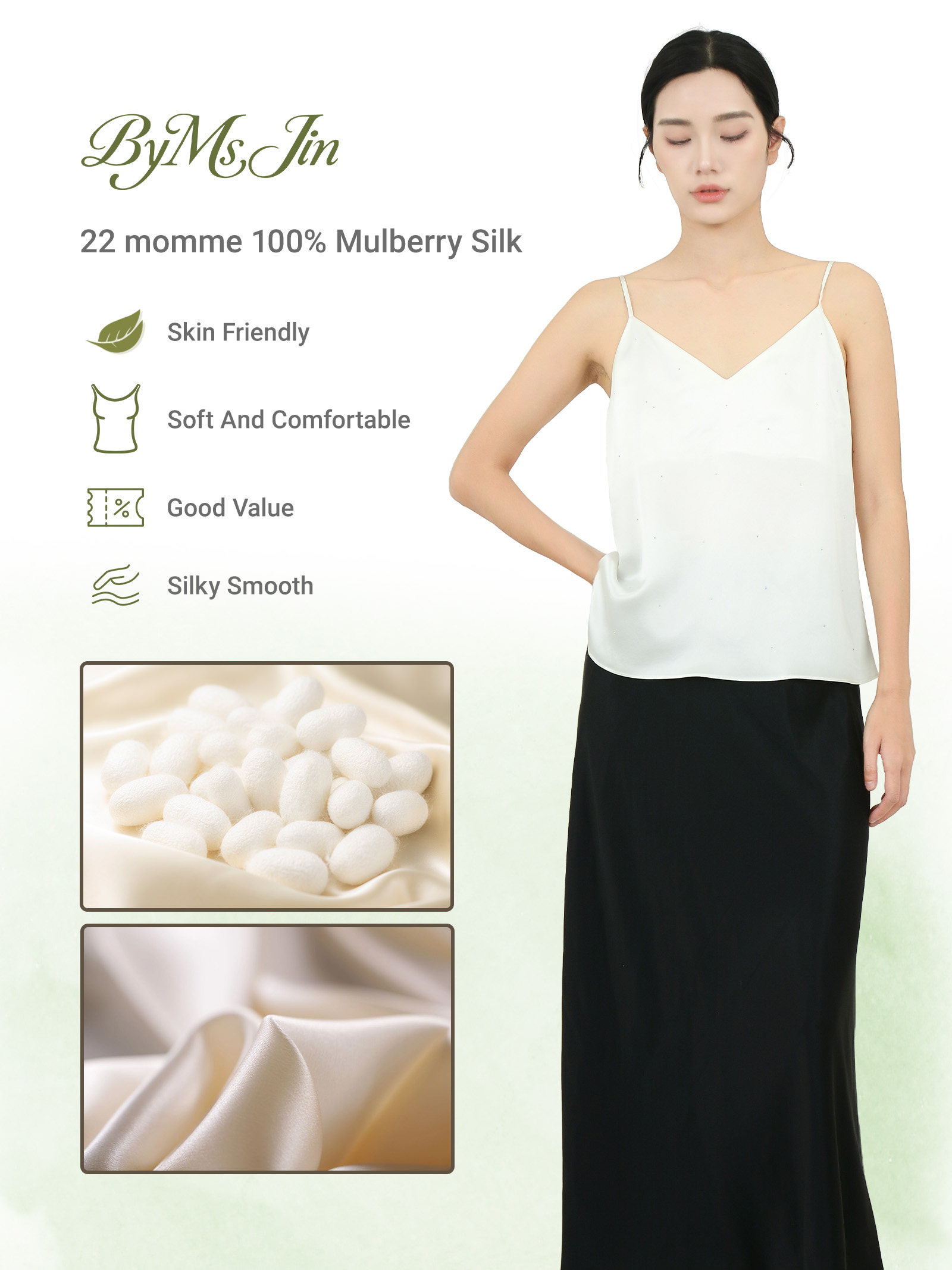 22mm 100% Mulberry Silk Tank Top with Rhinestone White - Image 6